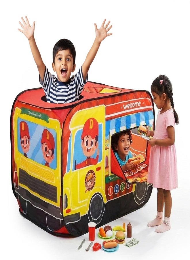 Kidology Food Truck Theme Play Tent House for Kids 2+| Large Foldable & Lightweight Indoor Outdoor Playhouse with Pretend Food Counter Setup Sticks | Role Play Activity Toy for Toddlers - Image 1